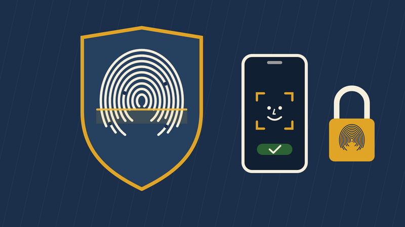 Fingerprint inside a gold shield next to a phone face scan and a fingerprint padlock