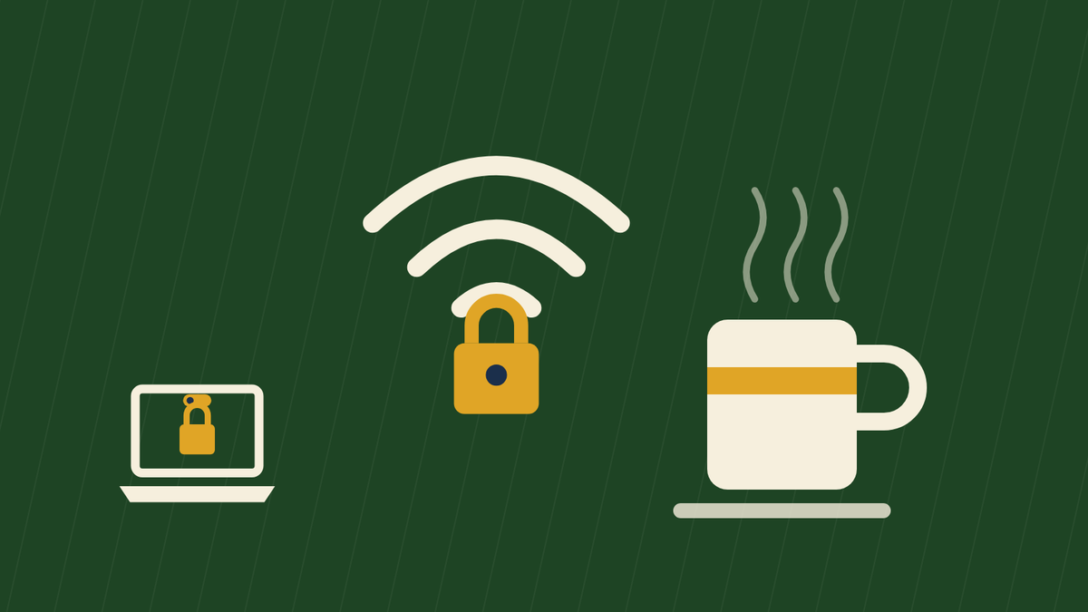 Locked Wi-Fi symbol beside a laptop and a coffee cup