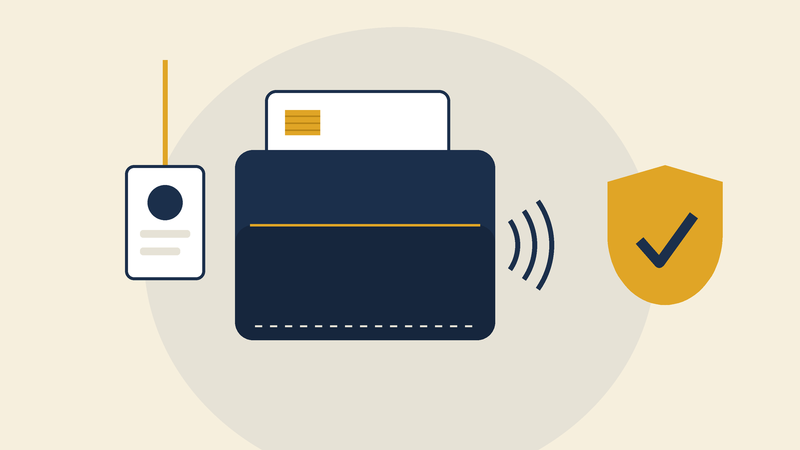 Wallet with a card and a work badge, with radio waves stopped by a gold shield