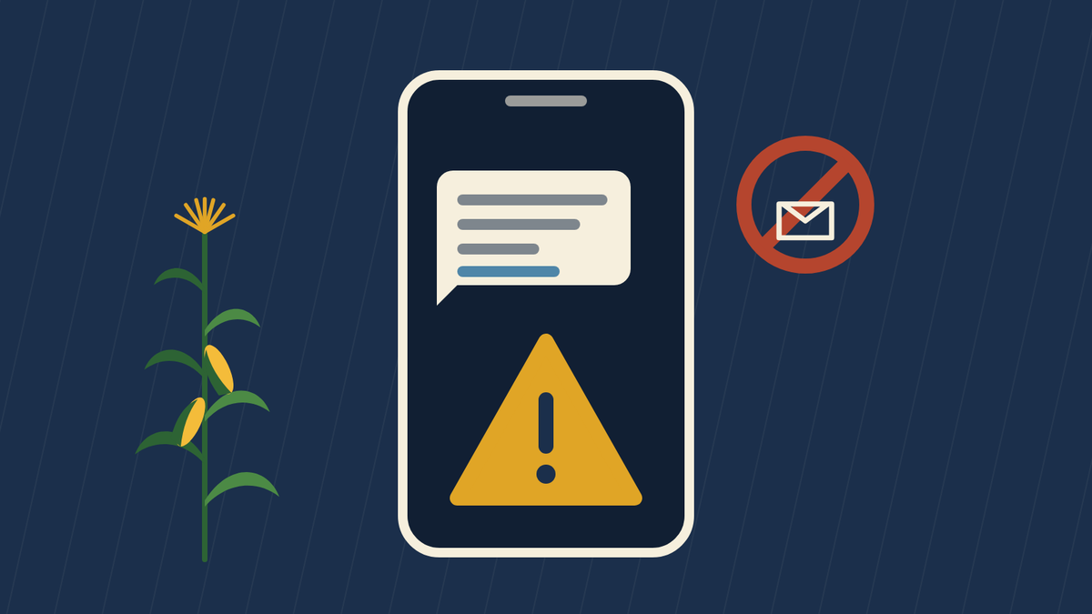 Phone showing a suspicious text message with a warning sign