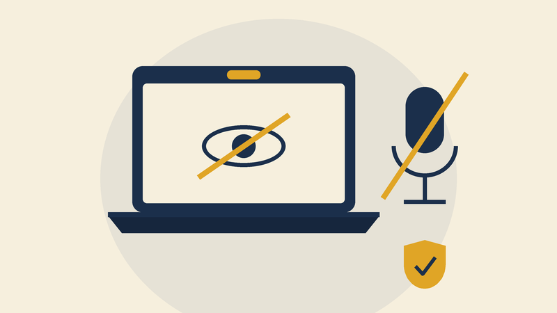 Laptop with a covered webcam next to a crossed-out microphone