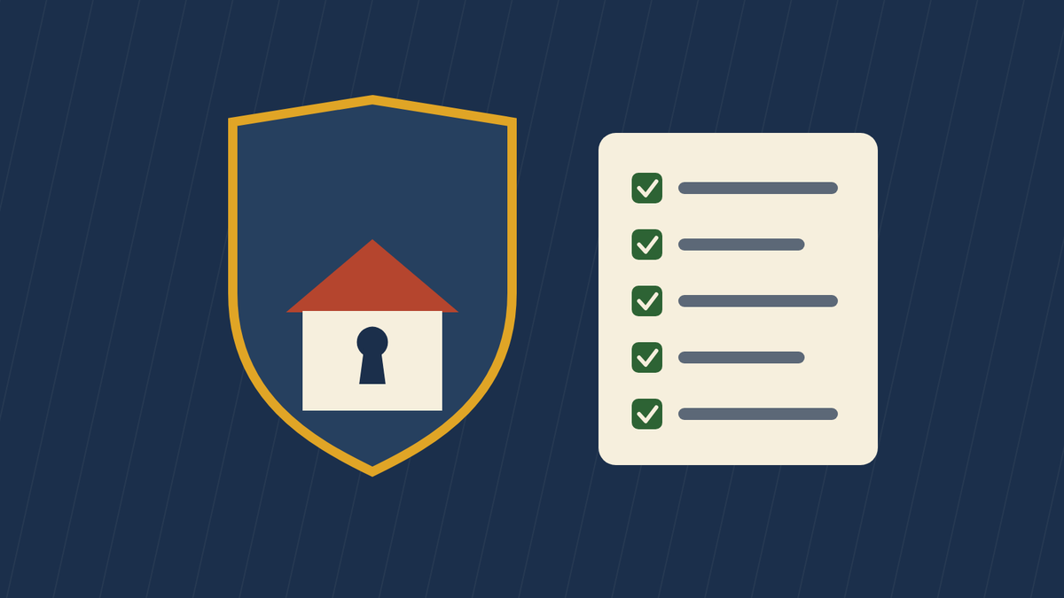 Shield-protected home next to a completed security checklist